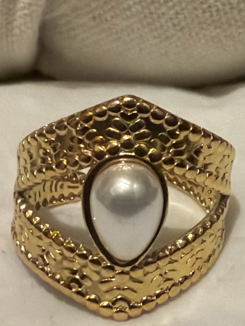 Gold-Tone Pearl Teardrop Statement Ring